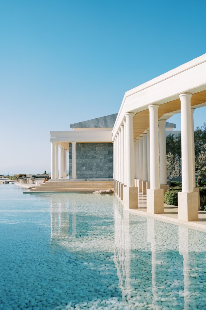 Pool Resurfacing 3 Long pool near terraces with columns. Hotel Amanzoe, Peloponnese, Greece